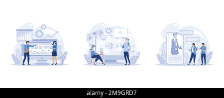 IT profession set. Programmer write software and create code for computer. Coding script for project and app, set flat vector modern illustration Stock Vector
