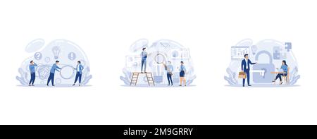 Solution web banner or landing page set, Solving the problem and finding creative solution. Business people meeting the challenge in a teamwork, set f Stock Vector