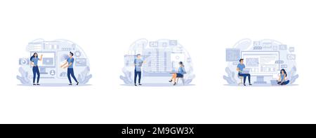 Mobile application development process, Creative concept website interface, digital app banners with flat cartoon programming team of developers, set Stock Vector