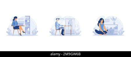 Male and female school teacher, college tutor coach or student talking in classroom. Virtual teaching remote class online lesson by zoom conference ca Stock Vector