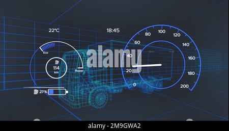 Image of scope scanning and data processing over stock market on black background Stock Photo