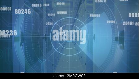 Image of scope scanning and data processing over stock market Stock Photo