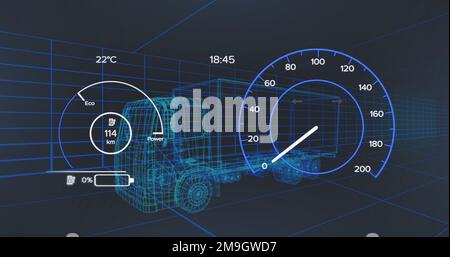 Image of scope scanning and data processing over stock market on black background Stock Photo