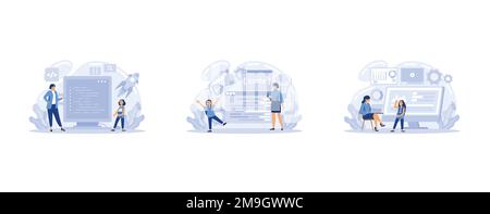 IT education web banner or landing page set. Student write software and create code for computer. Digital technology for website, interface and device Stock Vector