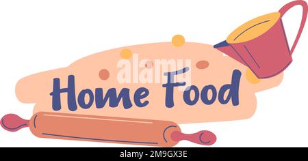 Cooking pastry and confectionery, home baking and making food from dough. Kitchen appliances and wooden rolling pin, cup with handle for measuring sug Stock Vector