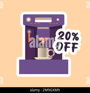 Discount on coffee machine or tasty and aromatic beverage. Isolated equipment for making delicious drinks for break. Cafe or restaurant special offer Stock Vector