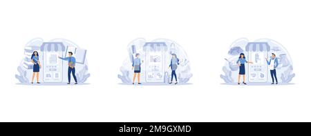 E-commerce, customer on the sale. App on mobile phone. Book, beauty and food store, set flat vector modern illustration Stock Vector