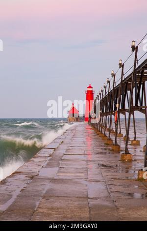 64795-01304 Grand Haven South Pier Lighthouse at sunrise on Lake Michigan, Ottawa County, Grand Haven, MI Stock Photo