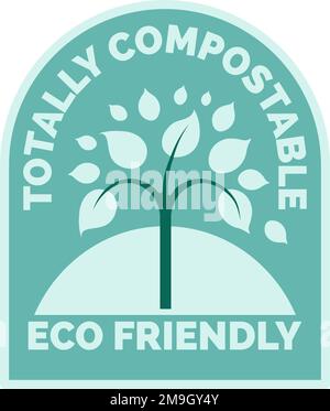 Eco friendly and totally compostable goods. Tree with leaves on logotype for producer. Environment and nature conservation and help. Product label or Stock Vector