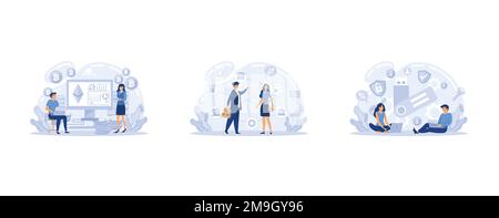 Crypto exchanges, decentralized finance, hardware cold wallet metaphor set. DeFi finance and blockchain technology concept, anonymous internet transac Stock Vector