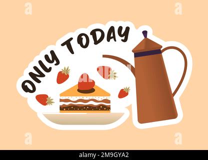 Delicious meal in cafe, breakfast or lunch with sweet cake with strawberry topping, tea or coffee. Snack or dinner in restaurant. Special offer for cl Stock Vector