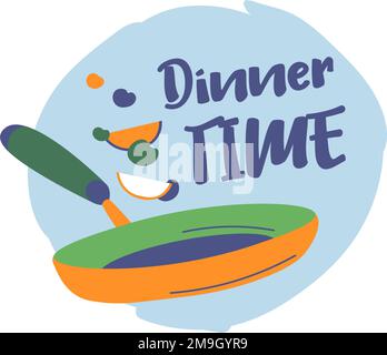 Cooking and preparing meal, dishes for breakfast or dinner, lunch or snacks. Frying vegetables on pan, culinary classes for teaching new skills. Cuisi Stock Vector
