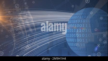 Image of icons floating over globe and binary code Stock Photo - Alamy