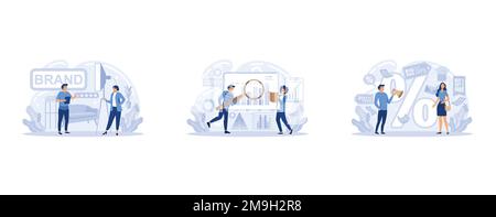 Company branding creation. Team build new brand. Promotion campaign. Competitor search and analysis. Market research and business strategy development Stock Vector