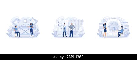 Hexagonal carbon atom grid properties. Innovative computation software. Laser technologies, graphene technologies, quantum computing metaphors, set fl Stock Vector