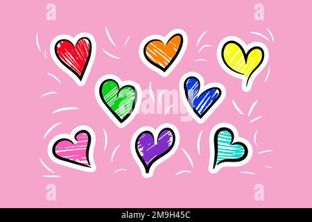 Simple doodle hearts. Hand drawn sketchy stickers Stock Vector