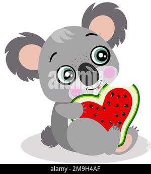 Loving koala eating heart shaped slice of watermelon Stock Photo