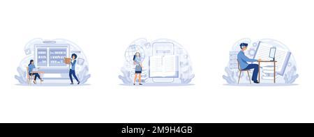Electronic library, online book storage metaphor. Reading publications, literature via Internet. E-learning and training program for electronic device Stock Vector
