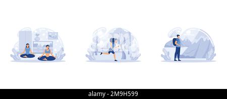 Yoga school, running and hiking, fitness studio, meditation practice, morning jogging, mountain climbing, trekking trail abstract metaphor, set flat v Stock Vector