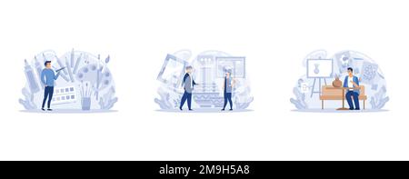 Visual art composition set with drawing training , set flat vector modern illustration Stock Vector