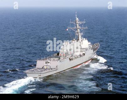 Quarter starboard stern view of the US Navy (USN) ARLEIGH BURKE CLASS (FLIGHT IIA) GUIDED MISSILE DESTROYER (AEGIS), USS SHOUP (DDG 86), underway in the Gulf of Mexico, during the builders sea trails. Country: Unknown Stock Photo