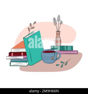 Books stack composition. Cozy vector illustration with colorful books, mug of tea on table. Love of reading concept. Stock Vector