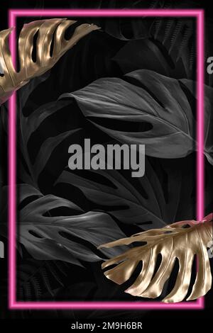 Neon red monstera leaves frame design resource vector Stock Vector