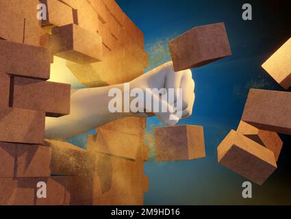 Punching through a brick wall. Digital illustration, 3D rendering. Stock Photo