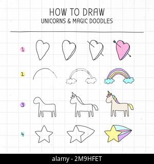 How to draw unicorn and magic doodles tutorial vector Stock Vector