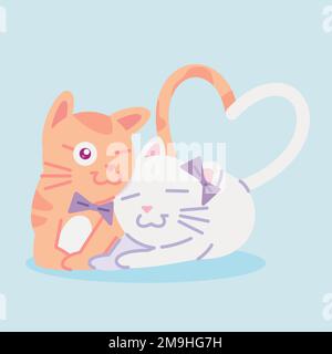 cute cat illustration. cat flat illustration. illustration of a cat couple making a love symbol with tails. cute cat cuddling. Stock Vector