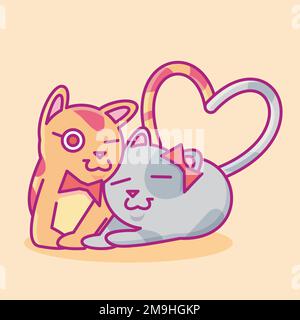cute cat illustration. cat flat illustration. illustration of a cat couple making a love symbol with tails. cute cat cuddling. Stock Vector