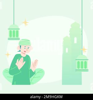 cute flat illustration eid mubarak greeting. flat illustration about fasting. cute illustration of breaking fast. cute flat illustration ramadan. Stock Vector
