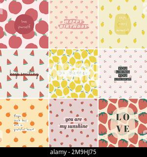 Vector fruit pattern quote social media ads template set Stock Vector