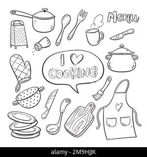 Kitchen Tools Ink Clipart Set Cooking Utensils Line Drawings, Hi