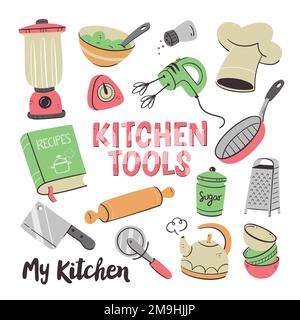 Kitchen tools and appliances. Cute illustration with isolated cooking objects in vector format. Kitchen utensils collection. Illustration 1 of 2. Stock Vector
