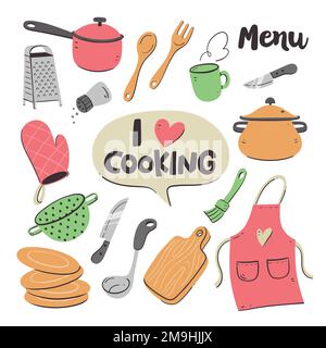 Kitchen tools and appliances. Cute illustration with isolated cooking  objects in vector format. Kitchen utensils collection. Illustration 2 of 2.  Stock Vector