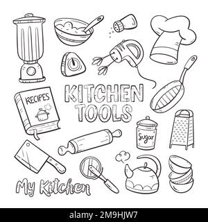 Doodle kitchen tools and appliances. Cute illustration with isolated cooking objects in vector format. Kitchen utensils collection. Illustration 1 of Stock Vector