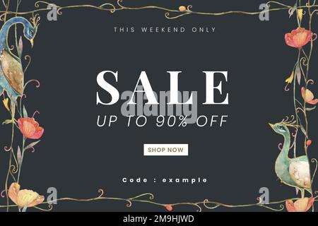 Editable sale banner template vector with watercolor peacocks and flowers on dark background Stock Vector
