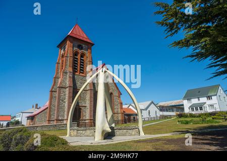 Christ Church Cathedral with a whalebone arch, on Ross Road in Port Stanley, Falkland Islands. Stock Photo