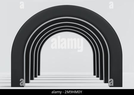 Empty corridor of several black round arches in perspective with white floor and shadows Stock Vector