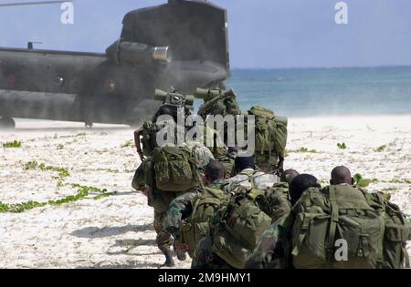 020416-A-1526R-028. [Complete] Scene Caption: Soldiers from Delta Company (D CO), 1ST Caribbean Battalion, consisting of Soldiers from 14 Caribbean countries, move toward an awaiting Nevada Army National Guard (NVARNG) CH-47 Chinook helicopter, Detachment 1 (DET 1), G Company (G CO), 140th Aviation, Reno, Nevada (NV), in Barbuda for airlift to St. Kitts during the modular training for Exercise TRADEWINDS 2002. TRADEWINDS 02, held in Antigua-Barbuda is a multi-phased, joint field training exercise providing participating nations with an opportunity to assemble a multinational force promoting in Stock Photo