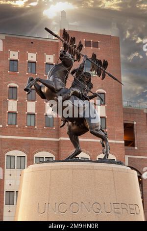 Tallahassee, Florida - October 27, 2012:  Statue at Florida State University mascot, Chief Osceola on Renegade Stock Photo