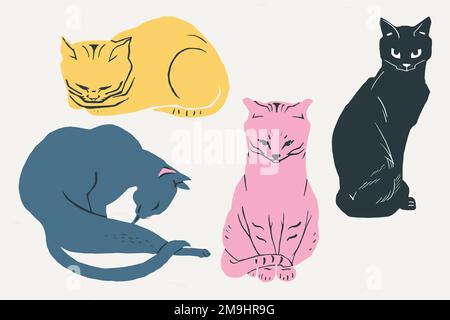 Vintage cat animal vector hand drawn illustration collection Stock Vector