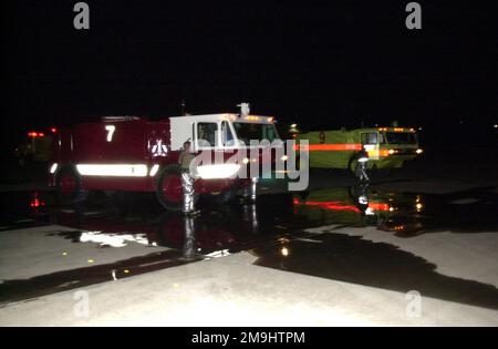 Two US Air Force (USAF) P-19 crash and fire rescue trucks from the 143rd Airlift Wing (AW), Fire Department, respond to an alarm on the flight line at the Combat Readiness Training Center, located at Gulfport, Mississippi (MS), during Exercise CRISIS REACH 02-18. (Substandard image). Subject Operation/Series: CRISIS REACH 02-18 Base: Gulfport State: Mississippi (MS) Country: United States Of America (USA) Stock Photo