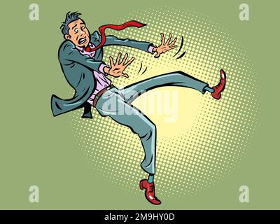 The man falls. The businessman barely stands on one leg. Inertia. slippery floor, disaster Stock Vector