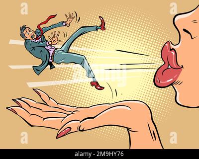 A woman says goodbye to a man. Separation and divorce. Wife drives her husband away, end of love Stock Vector
