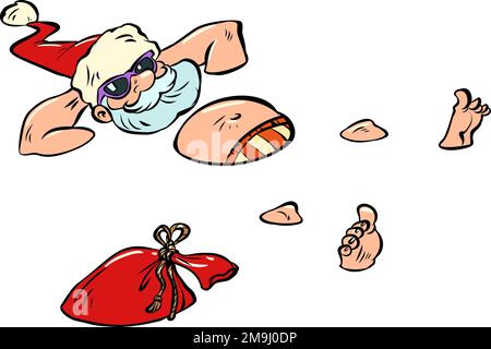 Santa Claus relaxing at a seaside resort. Man swimming in the pool. New Year and Christmas Stock Vector
