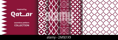 Qatar Seamless Patterns Collection   inspired by arabic Culture and Art. Set of vector graphics with backgrounds and textures. Ethnic visuals Stock Vector