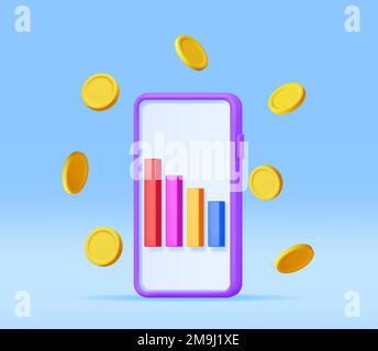 3D Growth Stock Diagram on Mobile Phone. Render Stock Bars on Smartphone Shows Growth or Success. Financial Item, Business Investment, Financial Marke Stock Vector