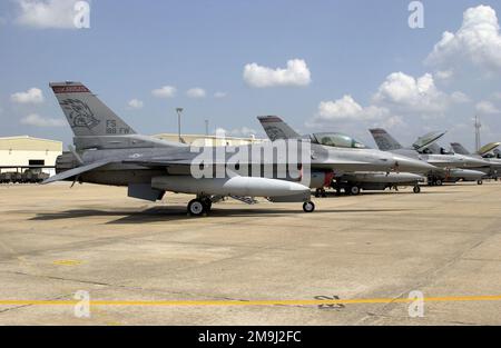 A row of US Air Force (USAF) F-16C Fighting Falcon aircraft from the 188th Fighter Wing (FW), Arkansas (AR), Air National Guard, spotted on the tarmac at Fort Smith, AR. Base: Fort Smith State: Arkansas (AR) Country: United States Of America (USA) Stock Photo